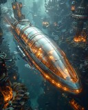 Steampunk ocean adventure, submarine with brass hyper-realistic