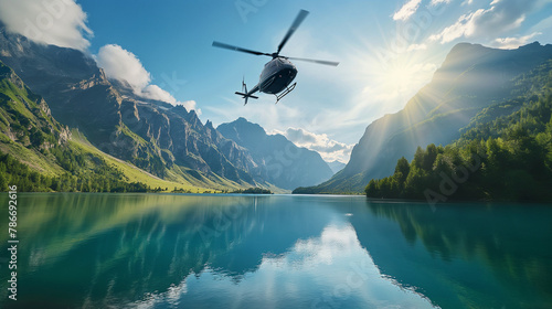 Helicopter hovering over a serene lake for a scenic photo opportunity. Happiness, love, health, courage, desire to live
