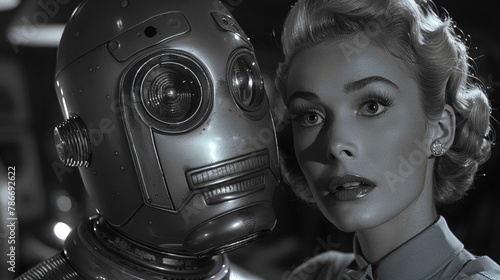 1950s sci-fi movie set, alien landscapes, retro robots, space heroes in vintage costumes 