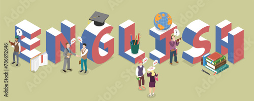 3D Isometric Flat Vector Illustration of Learning English, Education, Foreign Language photo