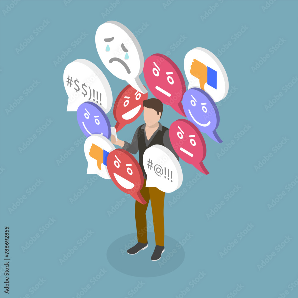 Fototapeta premium 3D Isometric Flat Vector Illustration of Cyberbullying, Online Bullying Behavior