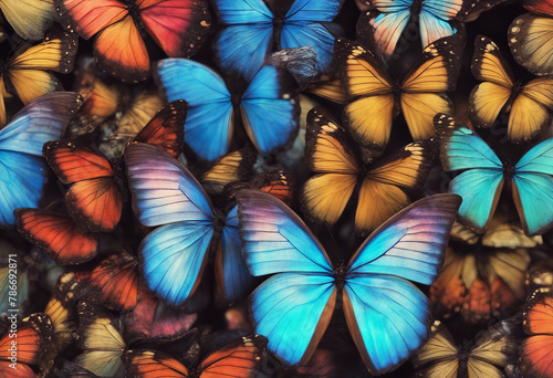 Colors of rainbow Pattern of multicolored butterflies morpho texture background top view