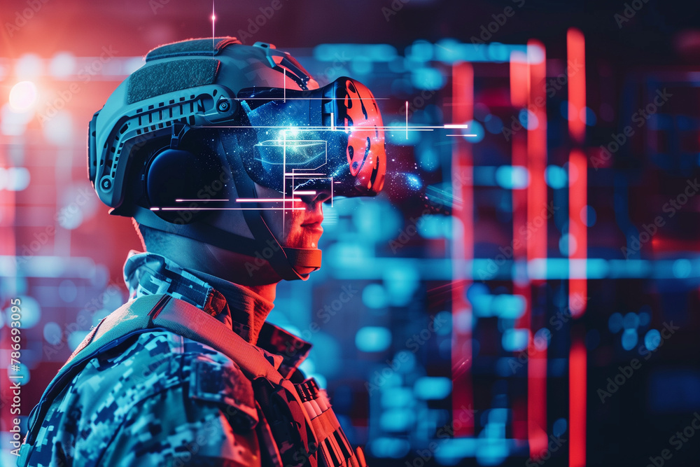 soldier donning virtual reality glasses, exploring virtual battlefields and honing combat skills with state-of-the-art simulation technology, presented in a futuristic tech style.