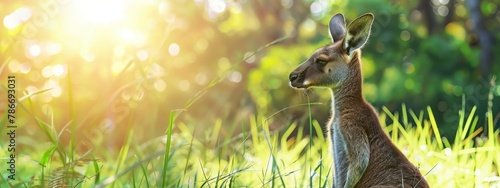 Kangaroo sitting in tall grass with sunlight filtering through trees in the background, highlighting the beauty of wildlife and nature. Concept of wildlife, nature, and Australian fauna.
