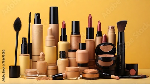 Cosmetic Charms: Makeup Essentials and Gift Box Against Yellow Backdrop