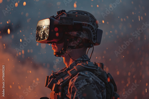 soldier immersed in virtual reality glasses, navigating virtual environments and engaging in simulated combat situations, showcasing the transformative impact of immersive technolo