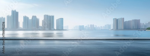 Panoramic view of a modern city skyline with serene water reflections  Concept of urban development and architectural beauty 