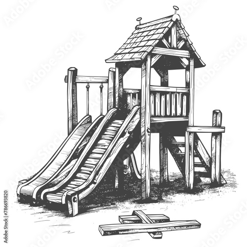 play equipment in the playground image using Old engraving style