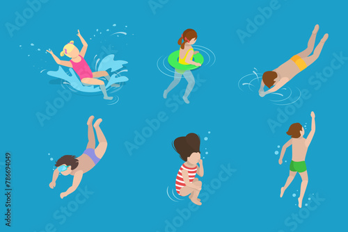 3D Isometric Flat Vector Set of Children Snorkeling, Kids Swimming Lessons