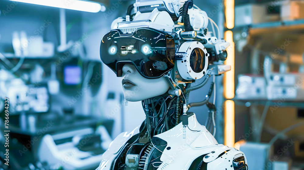 Fototapeta premium Female Robotic Drone in Futuristic Cyberpunk Style