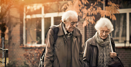 Elderly Couple Walking in Autumn Near Building Documentary-style Realism photo