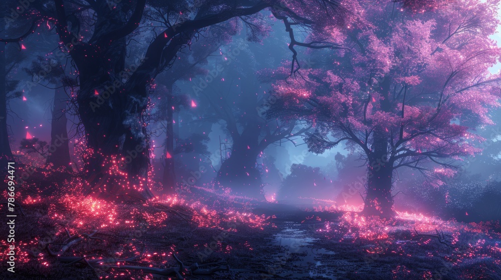 Enchanting cybernetic forest glowing with pink lights under misty sky