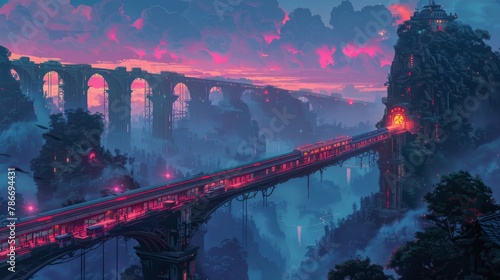 Stunning industrial-style bridge in a mystical landscape under a vibrant sunset