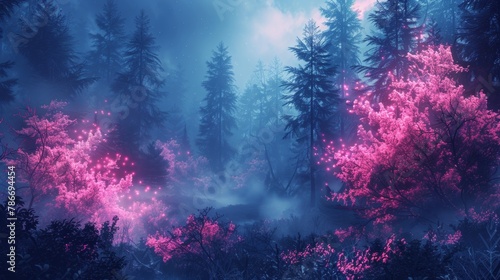 Enchanting cybernetic forest glowing with pink lights under misty sky