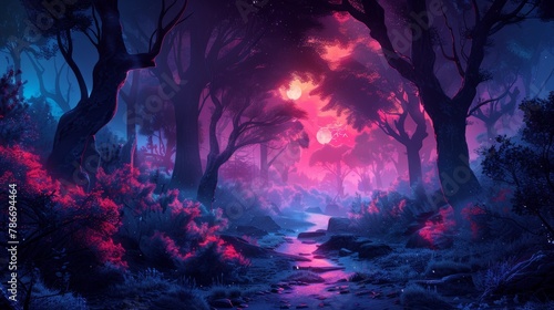 Enchanting cybernetic forest glowing with pink lights under misty sky