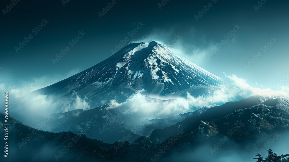 Majestic snow-capped mountain surrounded by misty clouds at dawn