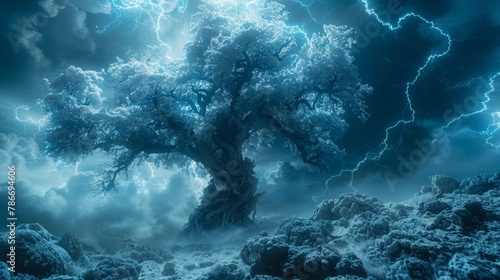 Eerie and captivating landscape with ancient twisted tree under electrifying stormy sky
