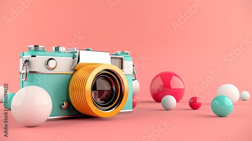 Colorful vintage camera on a pink background.-3d render.