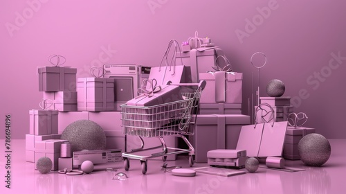 Supermarket shopping cart surrounding by giftbox with credit card and many gadget on purple background. 3d rendering