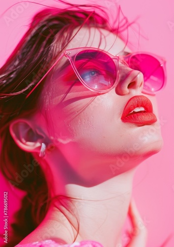 Portrait of girl kisses. Outdoors on a bright sunny day. Sunglasses and pink background. neon colour
