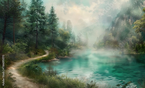 A winding path leading through the forest  with mist rising from an emerald green lake in front of it and tall pine trees lining its edge Generative AI