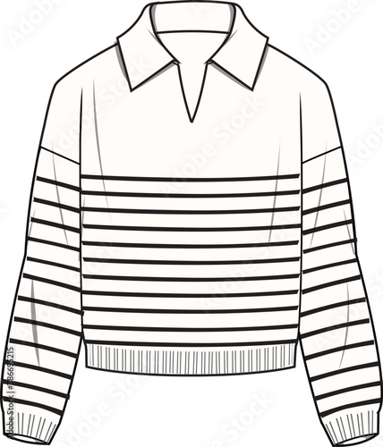 Women's Striped V Polo Neck, Jumper- Technical fashion illustration. Front, white and black color. Women's CAD mock-up.