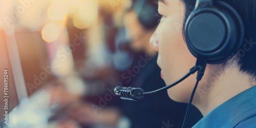 Focused Call Center Agent with Headphones Offering Customer Support, Embodying Effective Communication and Assistance, Generative AI