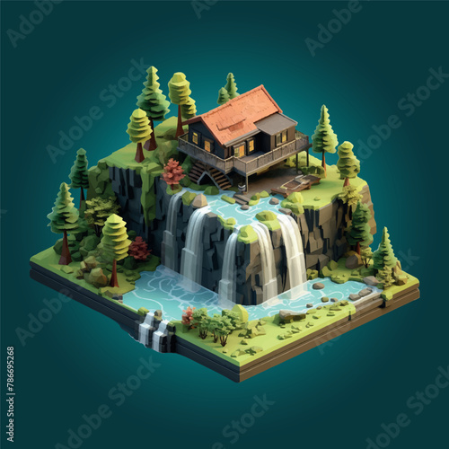 A 3d isometric design with waterfalls at the bottom of the lodge.
