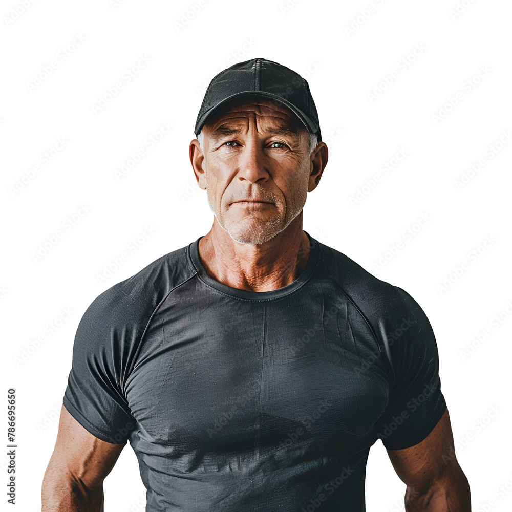 Fototapeta premium The Mature Man’s Path to Longevity: Fitness and Healthy Lifestyle via Gym Clothing, Isolated on Transparent Background, PNG