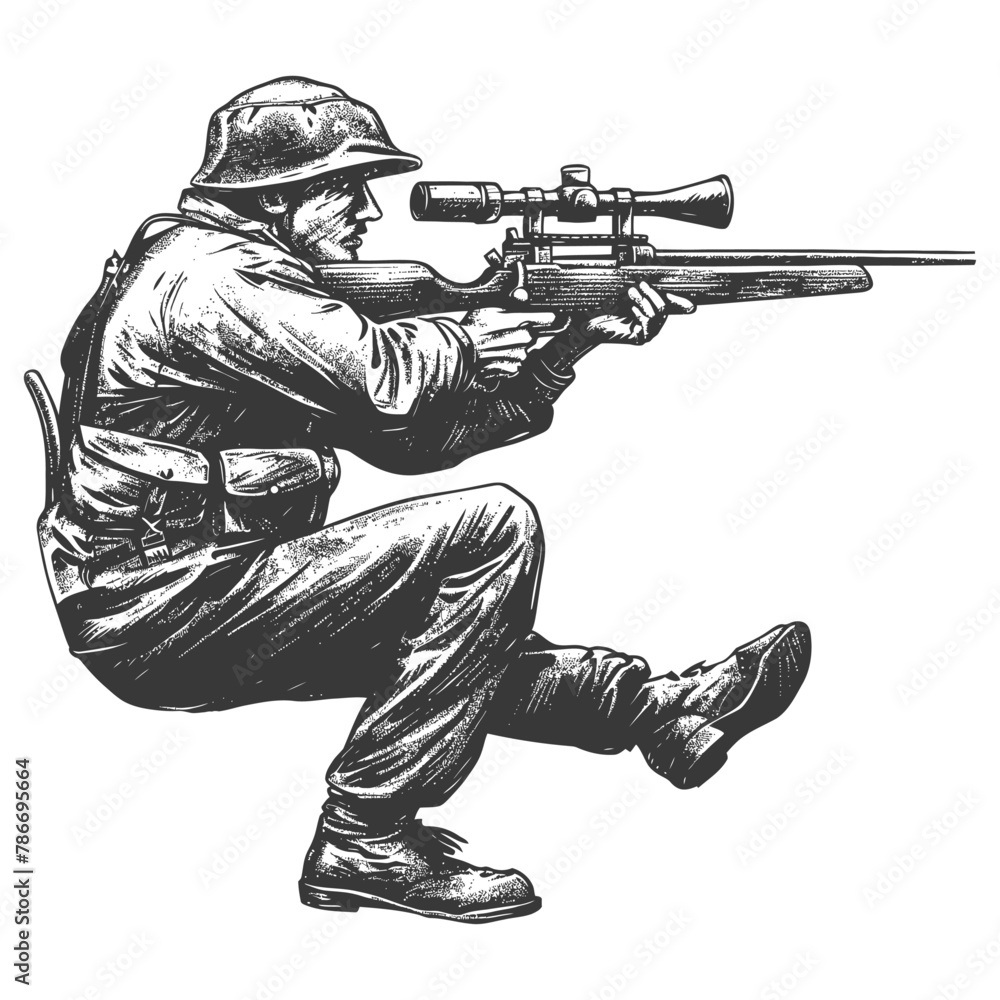 sniper army soldier in action full body image using Old engraving style sniper army soldier in action full body image using Old engraving style