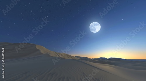 desert landscape of dunes with full moon illuminating the sand and starry sky. 3d rendering