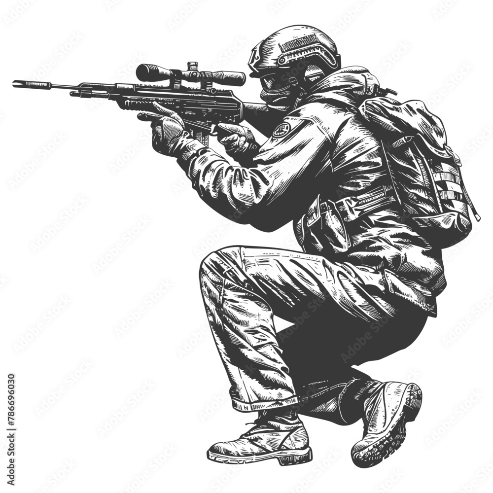 sniper army soldier in action full body image using Old engraving style sniper army soldier in action full body image using Old engraving style