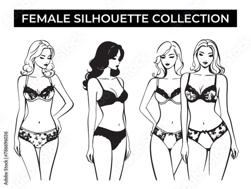 Three women in their underwear. Line drawing, collection