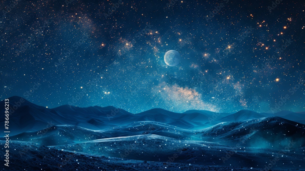 Surreal nightscape with glowing moon and star-filled sky above serene blue hills