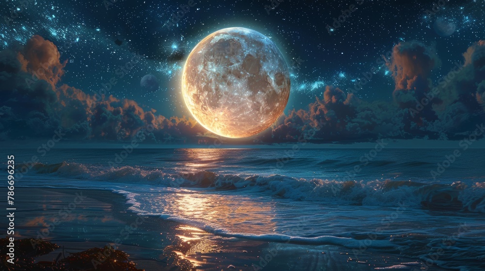 Futuristic beach scene with a giant moon and starry night sky