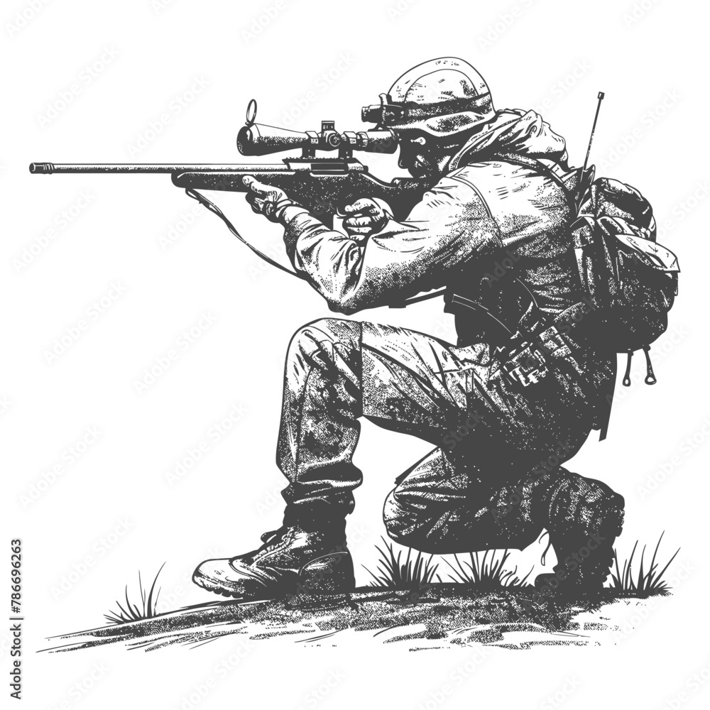 sniper army soldier in action full body image using Old engraving style sniper army soldier in action full body image using Old engraving style