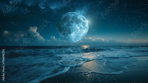 Futuristic beach scene with a giant moon and starry night sky