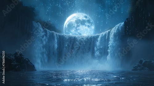 Mystical moonlit waterfall with twinkling stars and a giant moon in a serene night setting photo