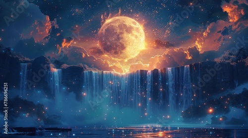 Mystical moonlit waterfall with twinkling stars and a giant moon in a serene night setting photo