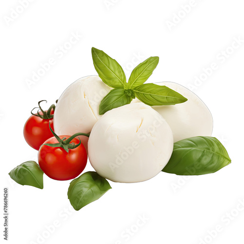 A closeup of Mozzarella cheese balls with fresh basil leaves and cherry tomatoes isolated