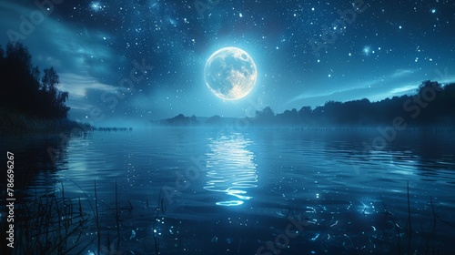 Enchanting nocturnal scene on a serene lake under the luminescent full moon © Yusif