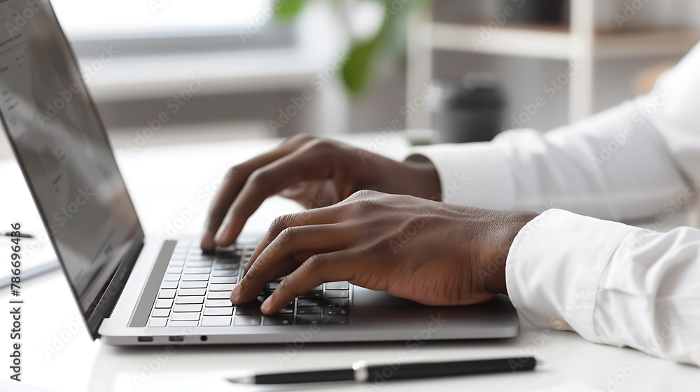 a person typing on a laptop placed on a desk. The hands are visible, diligently typing on the keyboard of an open laptop. a person typing on a laptop placed on a desk. The hands are visible, diligently typing on the keyboard of an open laptop.