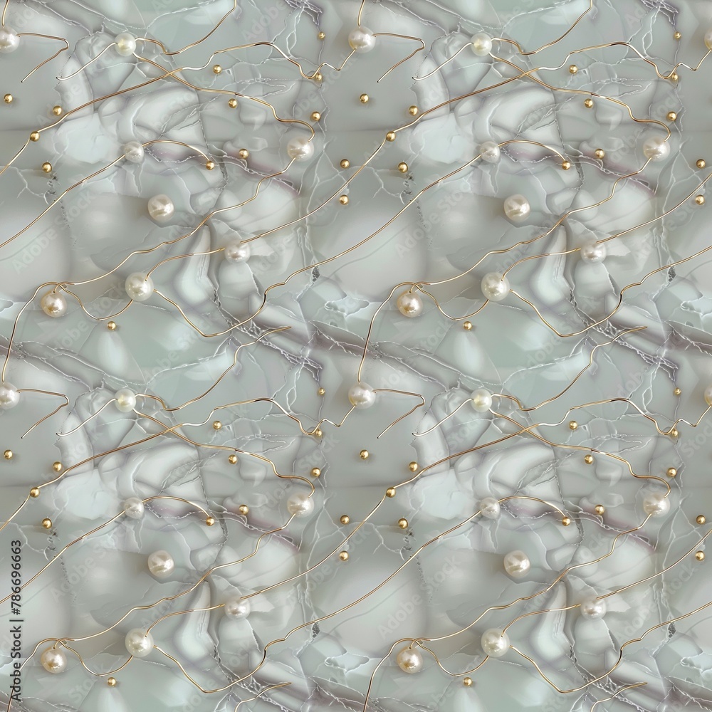 Fototapeta premium Abstract seamless pattern with pearl beads on a delicate marble background. 3D vector illustration for fabric design, scrapbooking, packaging. Jewelry background