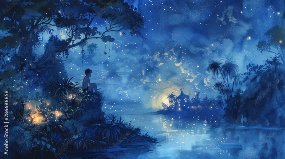 A boy, seated on a cliff edge, gazes up at the twinkling stars in the night sky