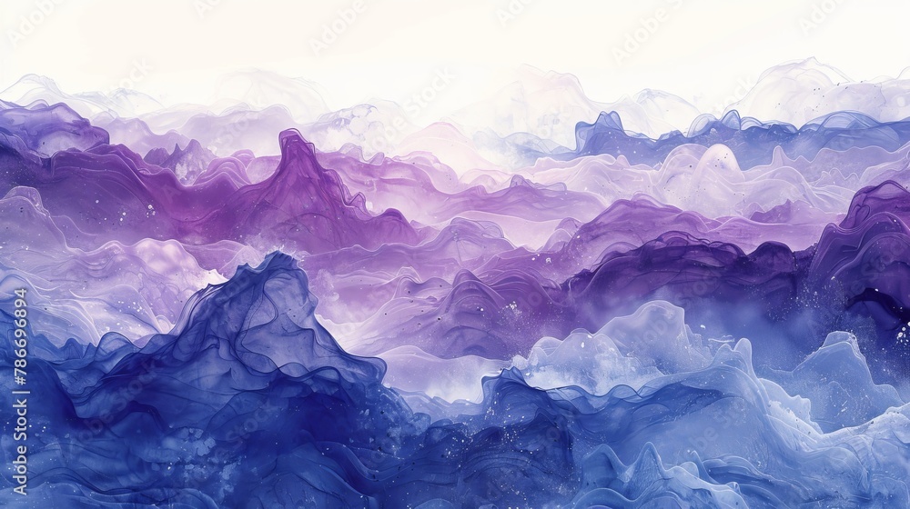 Artistic rendition of layered mountain landscape in ethereal blue and purple hues