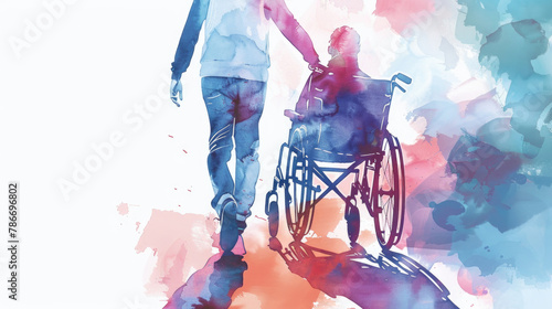 A man in a wheelchair is being assisted by a woman as they walk together