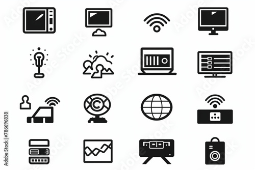 Internet computer icon set. Containing online, computer, network, website, server, web design, hardware, software and programming. Solid icons vector collection vector icon, white background, black co