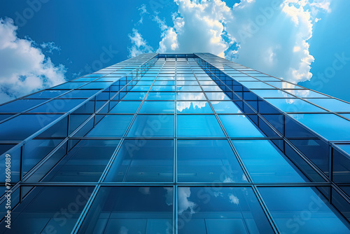 modern glass building under the blue sky with clouds reflection