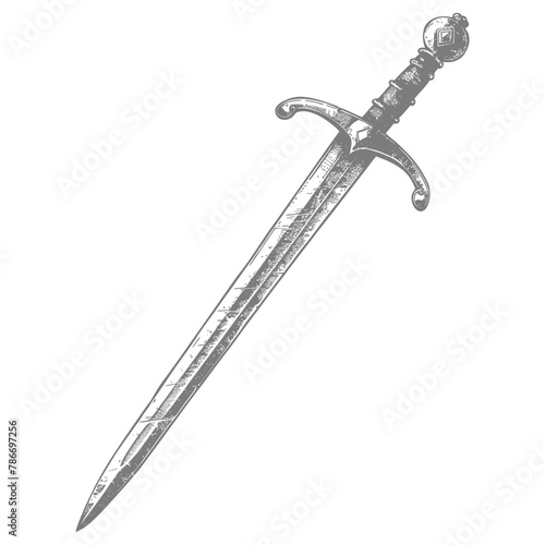 obselote rusty sword image using Old engraving style