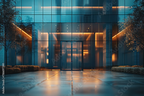 modern architectural design of a corporate building entrance illuminated at dusk